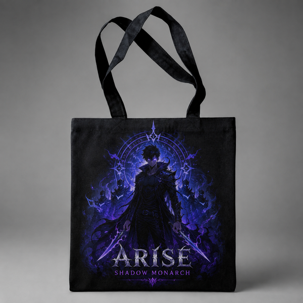 Black tote bag with Sung Jin-Woo Solo Leveling Monarch Twin Daggers graphic – photo 1