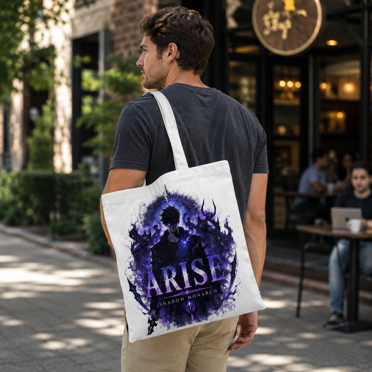 White tote bag with Sung Jin-Woo Solo Leveling Rise Of The King graphic – photo 4