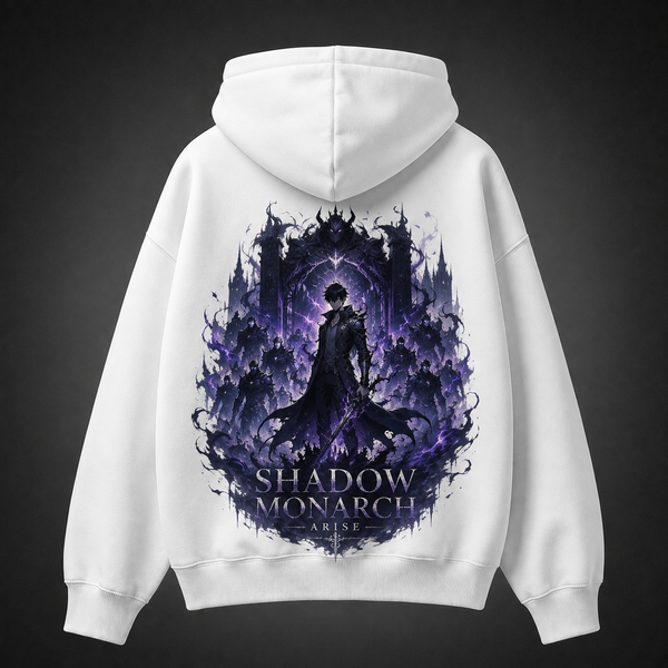 White hoodie with Sung Jin-Woo Solo Leveling Shadow Monarch Arise graphic – photo 1