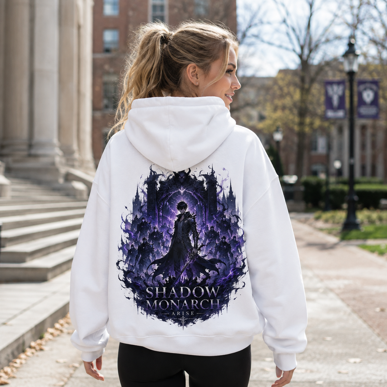 White hoodie with Sung Jin-Woo Solo Leveling Shadow Monarch Arise graphic – photo 3