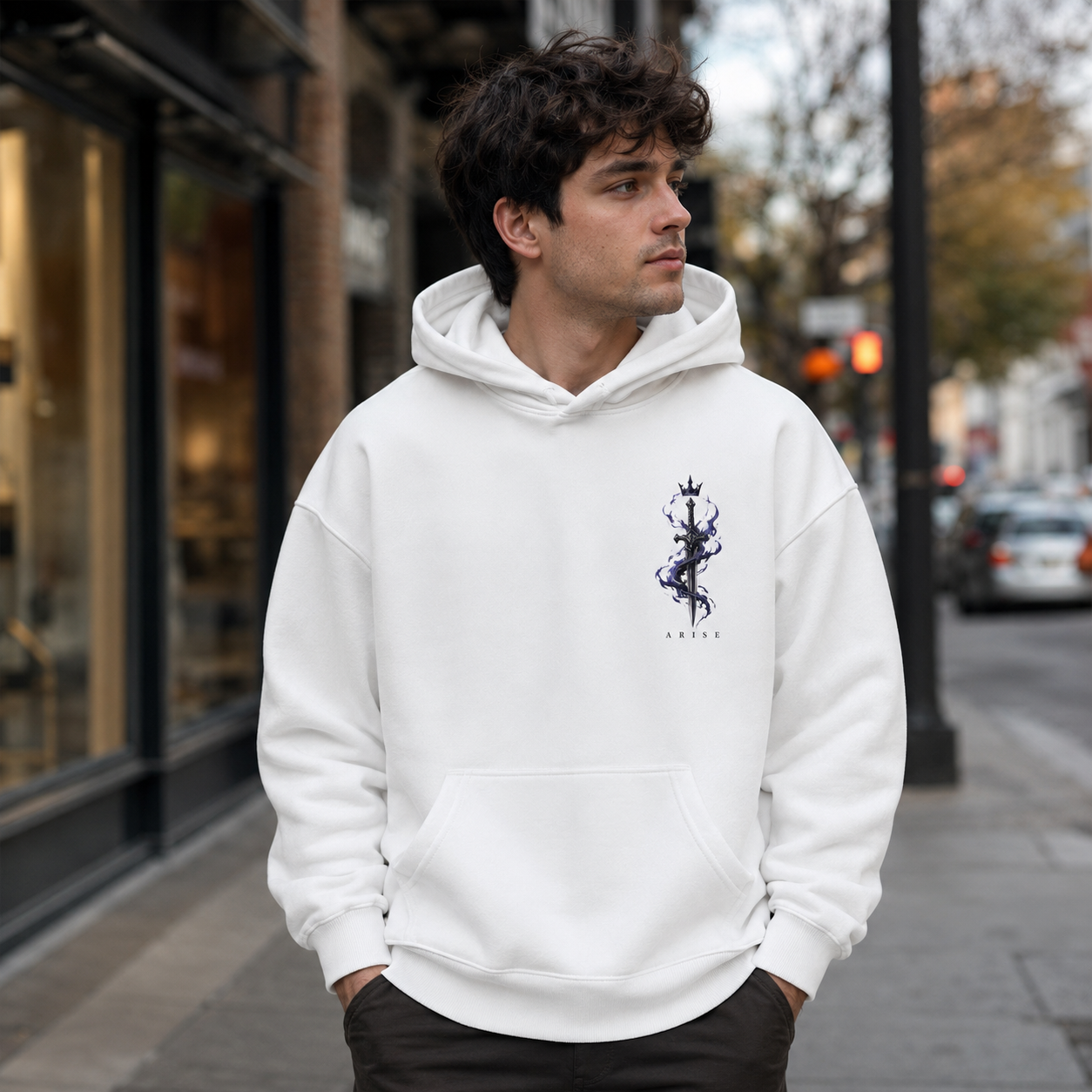 White hoodie with Sung Jin-Woo Solo Leveling Shadow Monarch Arise graphic – photo 4