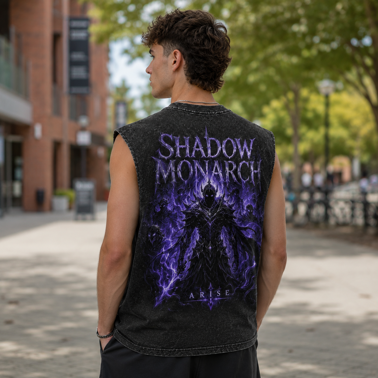 Washed black tank top with Sung Jin-Woo Solo Leveling Shadow Monarch Arise graphic – photo 3