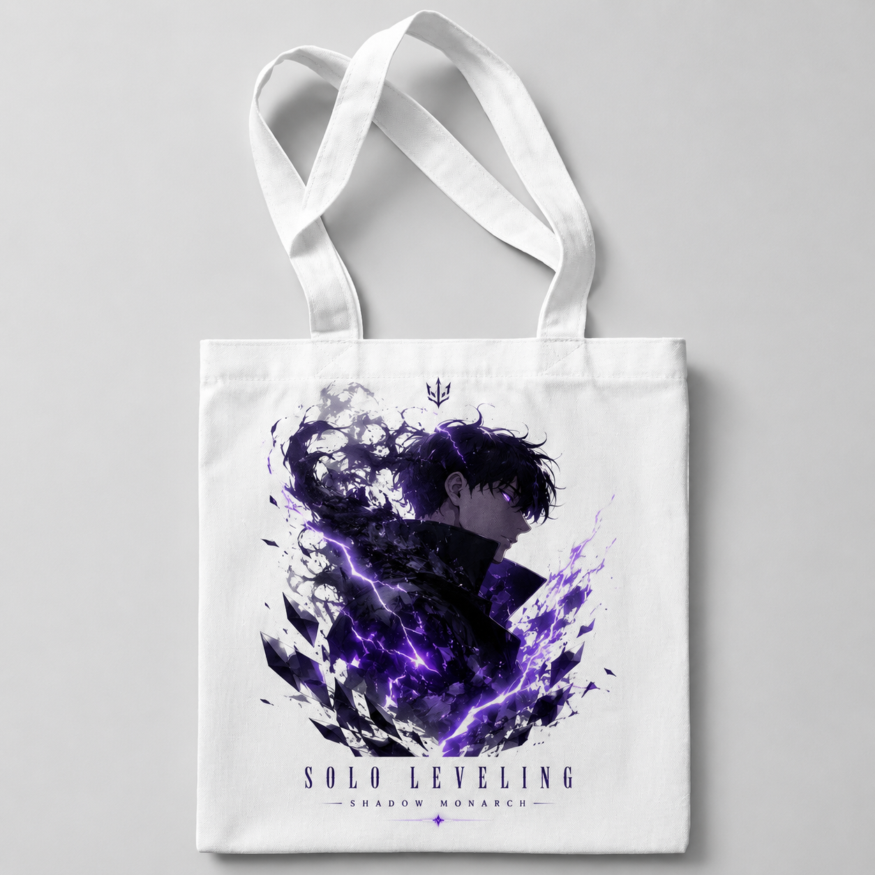 White tote bag with Sung Jin-Woo Solo Leveling Shadow Monarch Profile graphic – photo 1