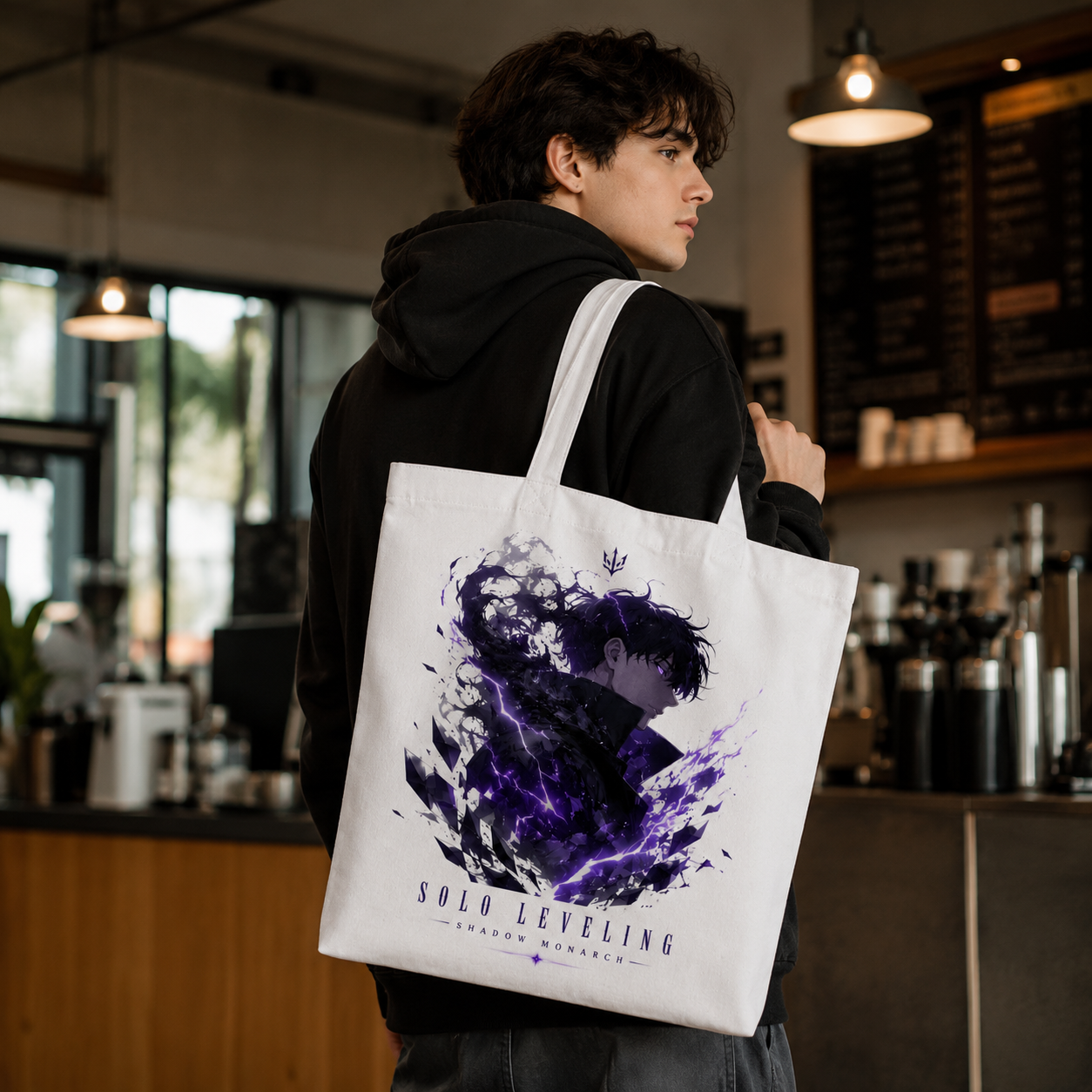 White tote bag with Sung Jin-Woo Solo Leveling Shadow Monarch Profile graphic – photo 3
