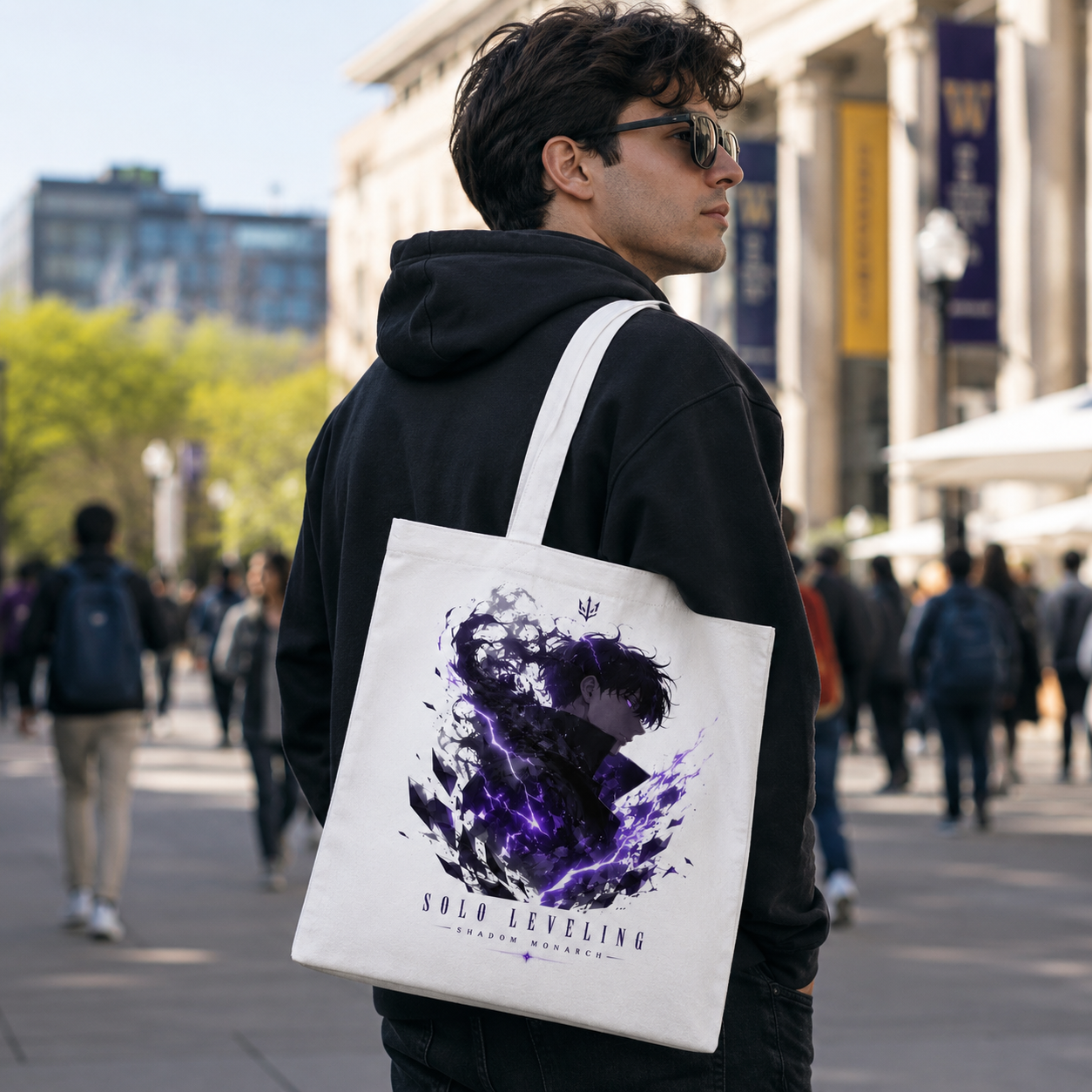 White tote bag with Sung Jin-Woo Solo Leveling Shadow Monarch Profile graphic – photo 4