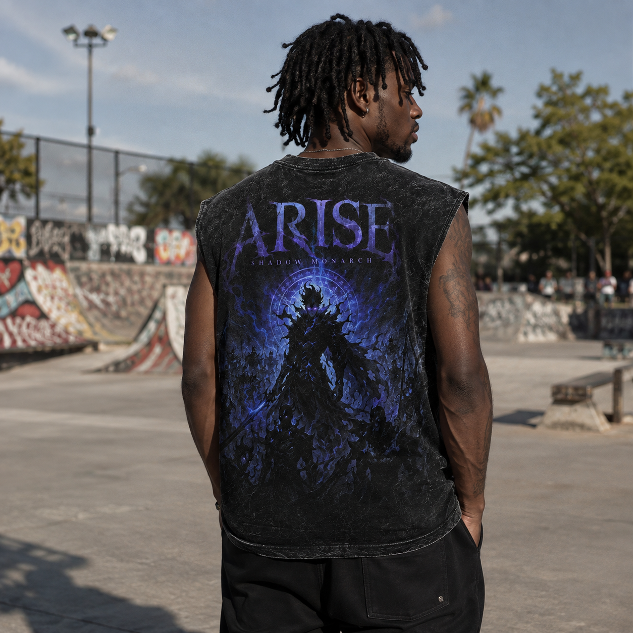 Washed black tank top with Sung Jin-Woo Solo Leveling Shadow Sovereign Rising graphic – photo 3