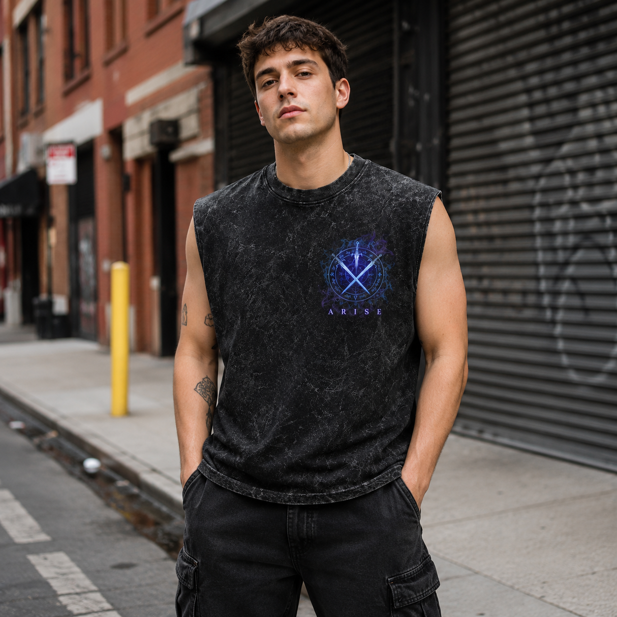 Washed black tank top with Sung Jin-Woo Solo Leveling Shadow Sovereign Rising graphic – photo 4