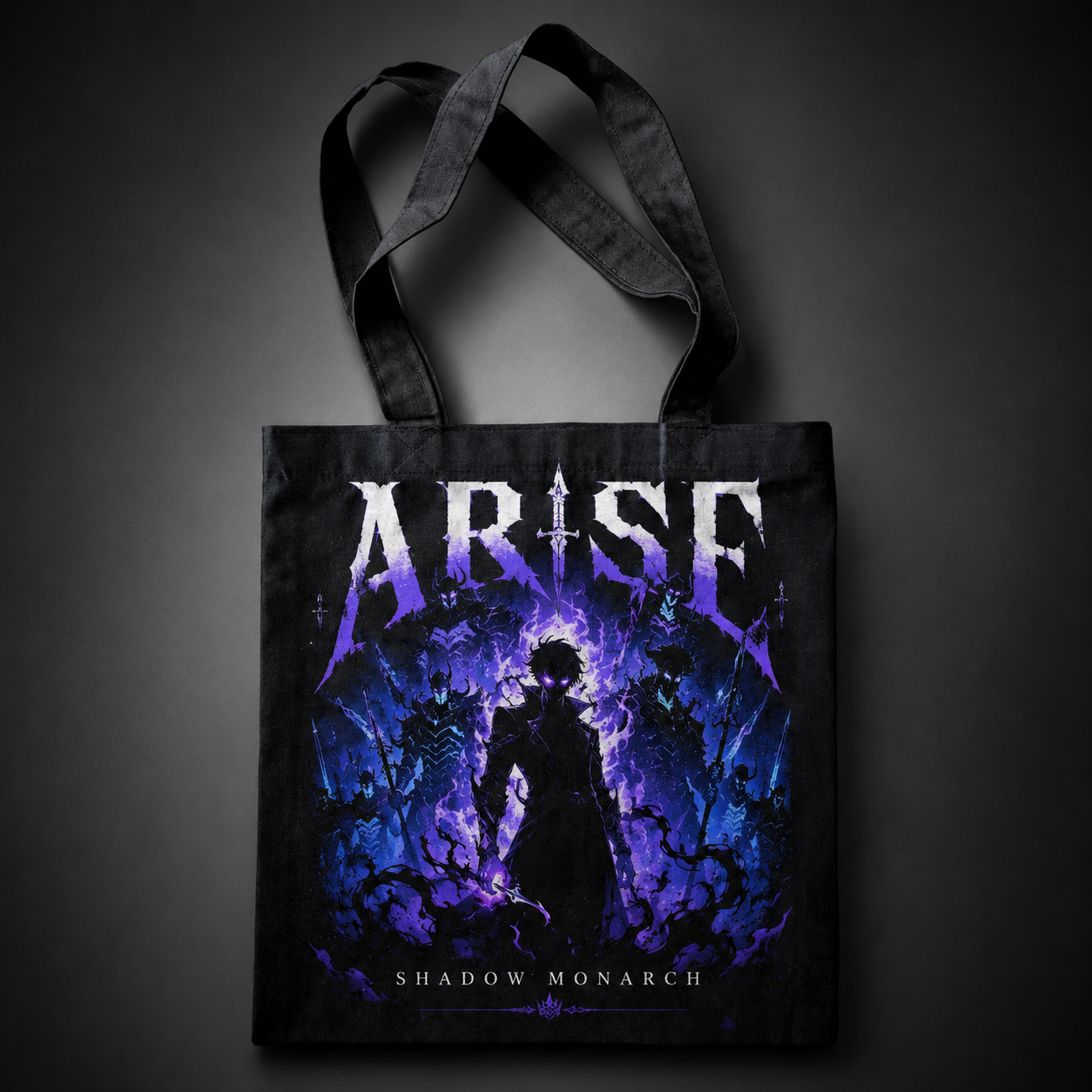 Black tote bag with Sung Jin-Woo Solo Leveling Shadow Sovereign graphic – photo 1