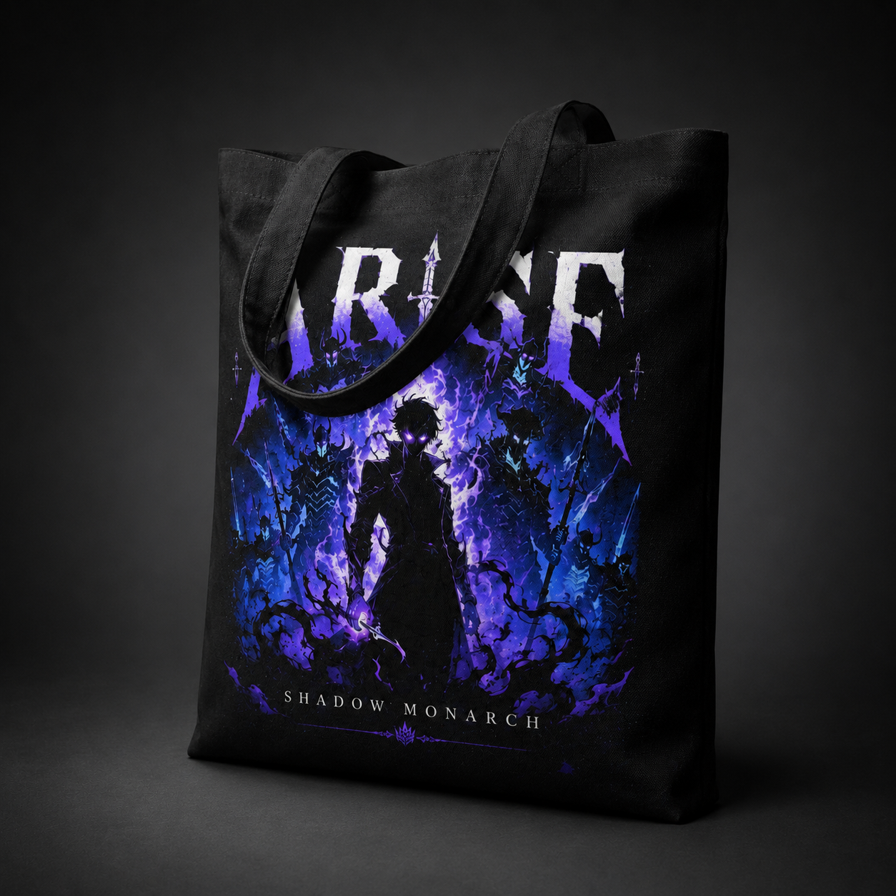 Black tote bag with Sung Jin-Woo Solo Leveling Shadow Sovereign graphic – photo 2