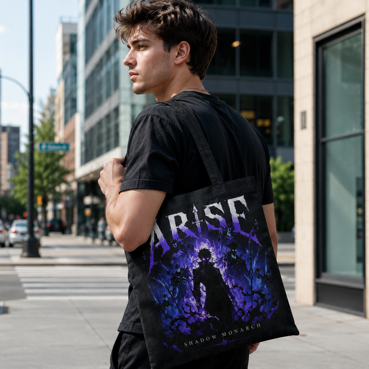 Black tote bag with Sung Jin-Woo Solo Leveling Shadow Sovereign graphic – photo 3