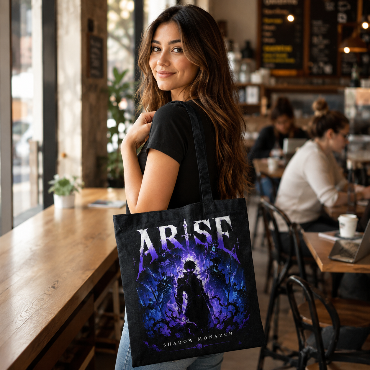 Black tote bag with Sung Jin-Woo Solo Leveling Shadow Sovereign graphic – photo 4