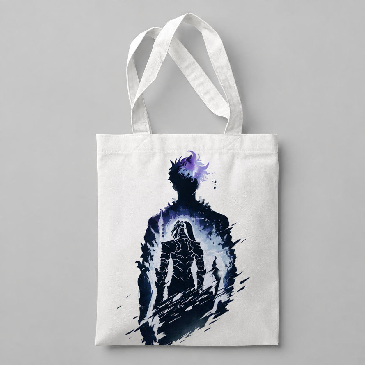 White tote bag with Sung Jin-Woo Solo Leveling Shadow Within graphic – photo 1