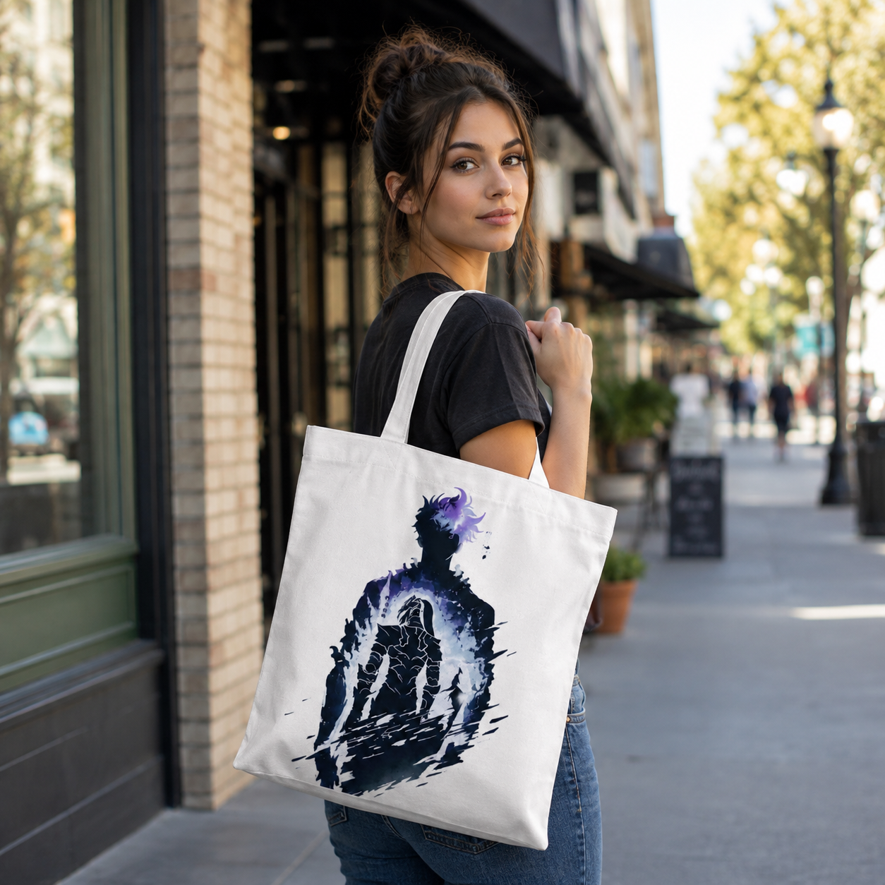 White tote bag with Sung Jin-Woo Solo Leveling Shadow Within graphic – photo 3