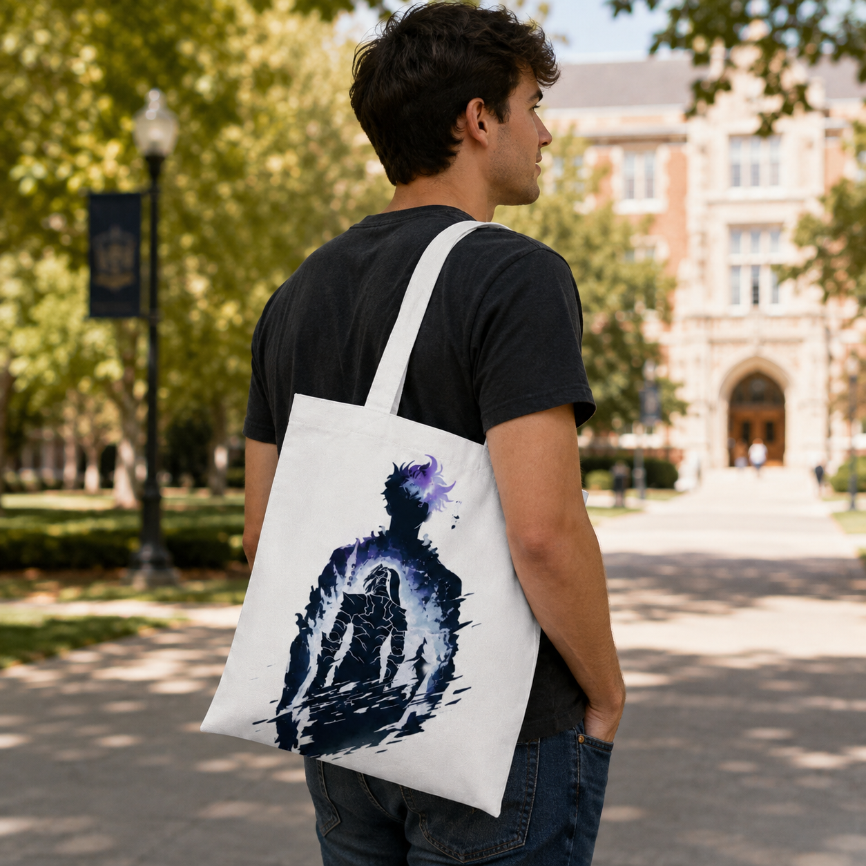 White tote bag with Sung Jin-Woo Solo Leveling Shadow Within graphic – photo 4