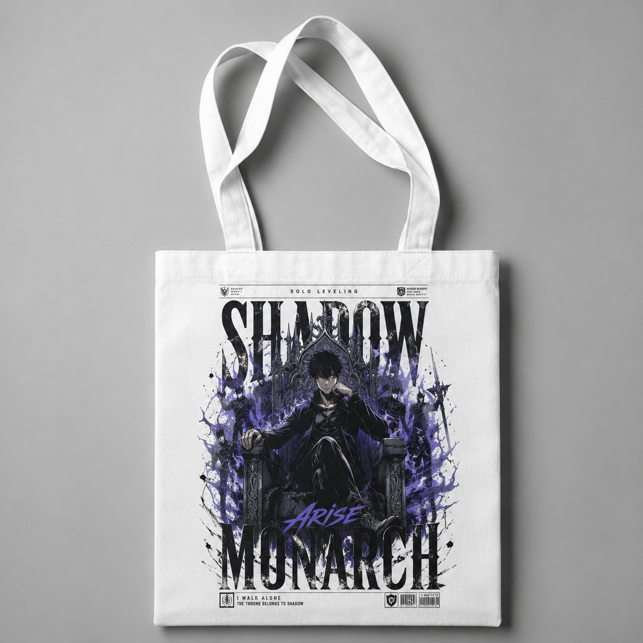 White tote bag with Sung Jin-Woo Solo Leveling Throne Of Shadows graphic – photo 1
