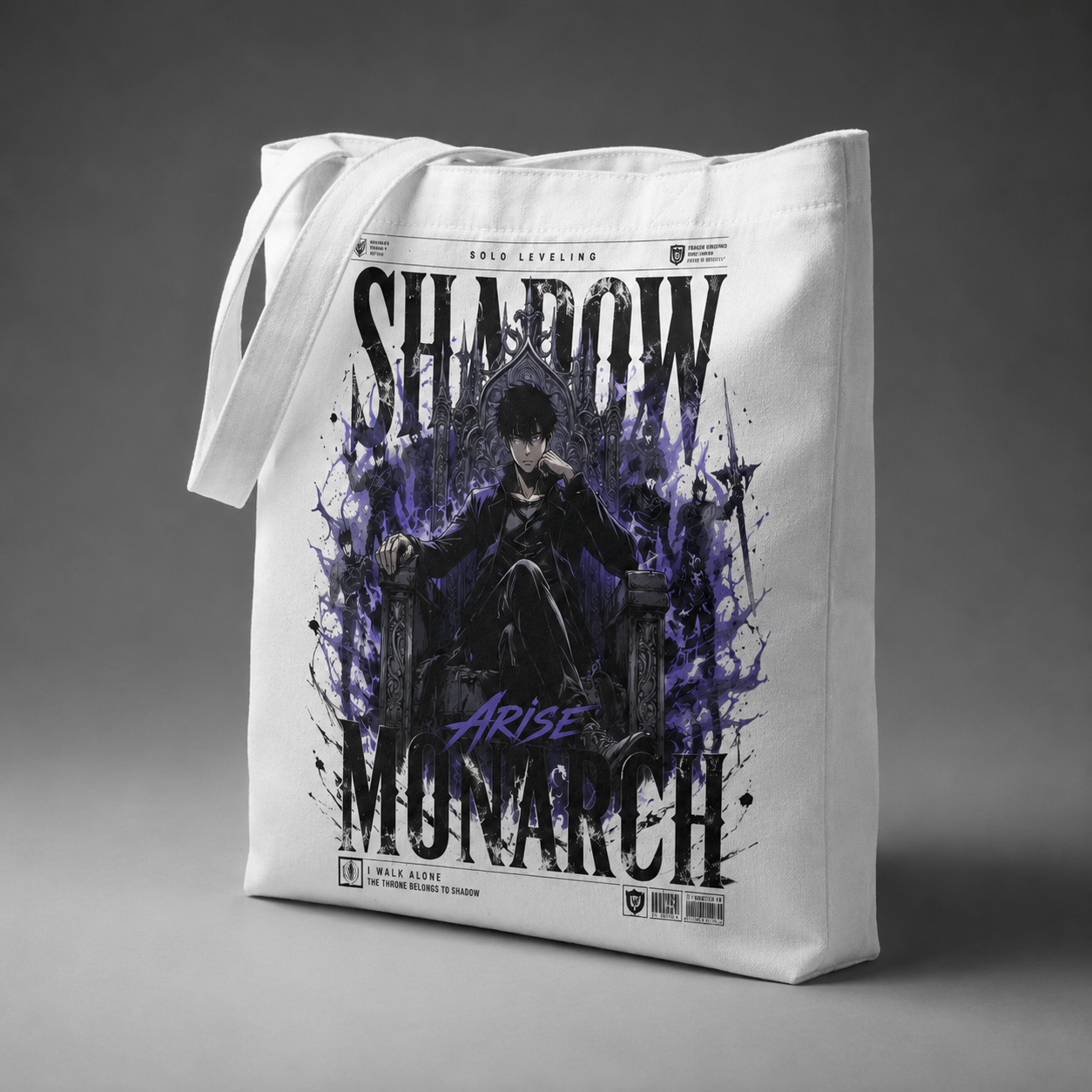 White tote bag with Sung Jin-Woo Solo Leveling Throne Of Shadows graphic – photo 2