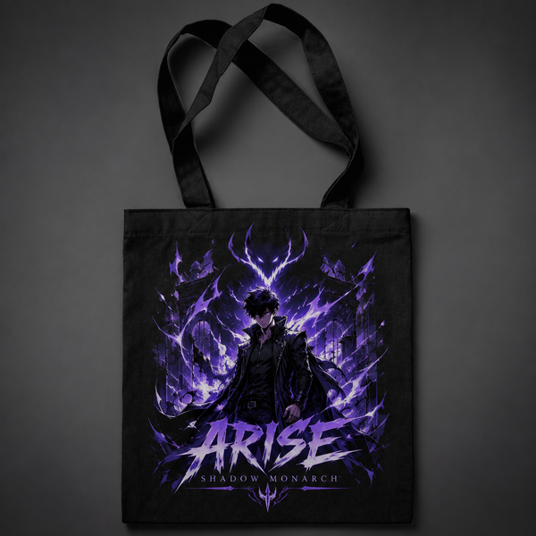 Black tote bag with Sung Jin-Woo Solo Leveling Violet Awakening graphic – photo 1