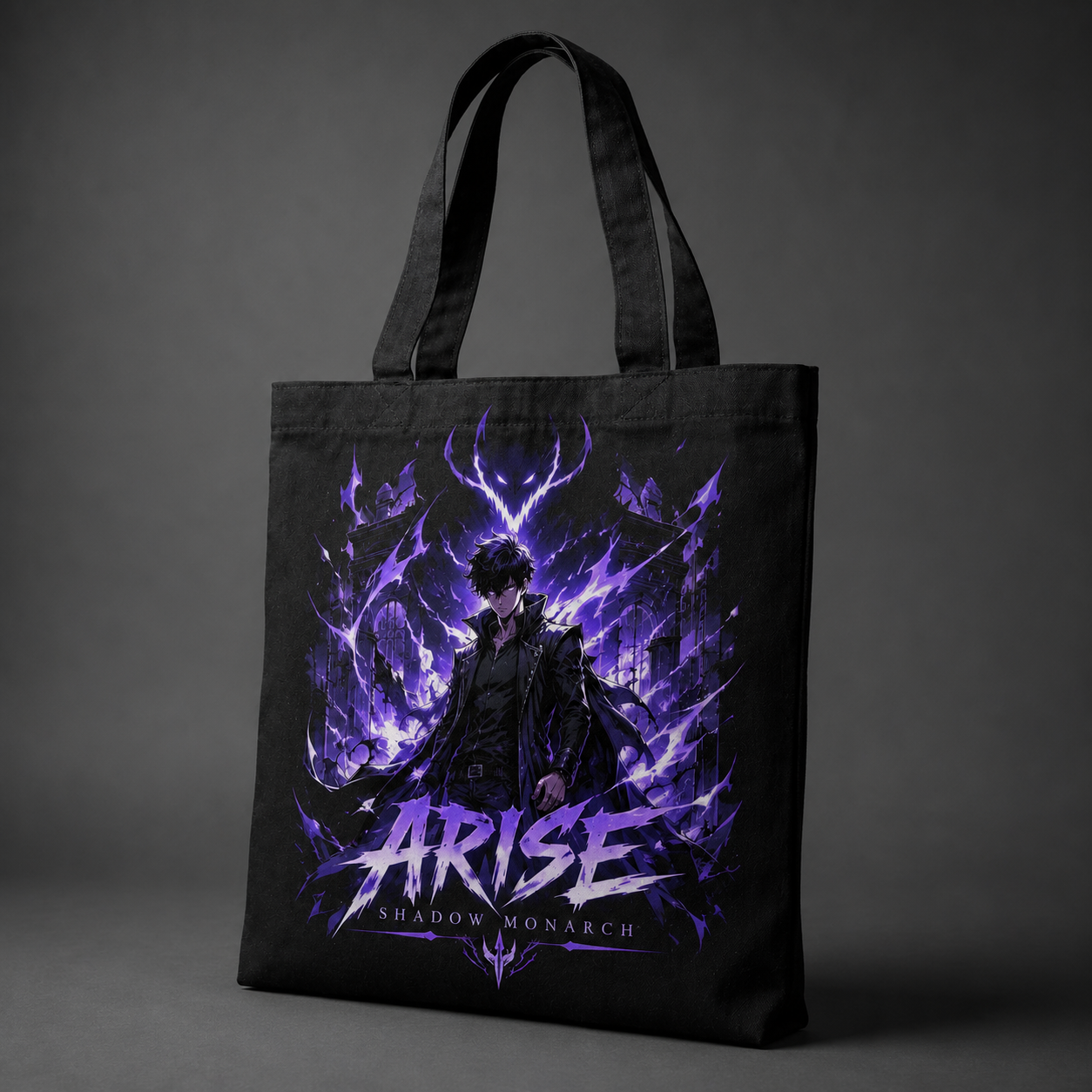 Black tote bag with Sung Jin-Woo Solo Leveling Violet Awakening graphic – photo 2