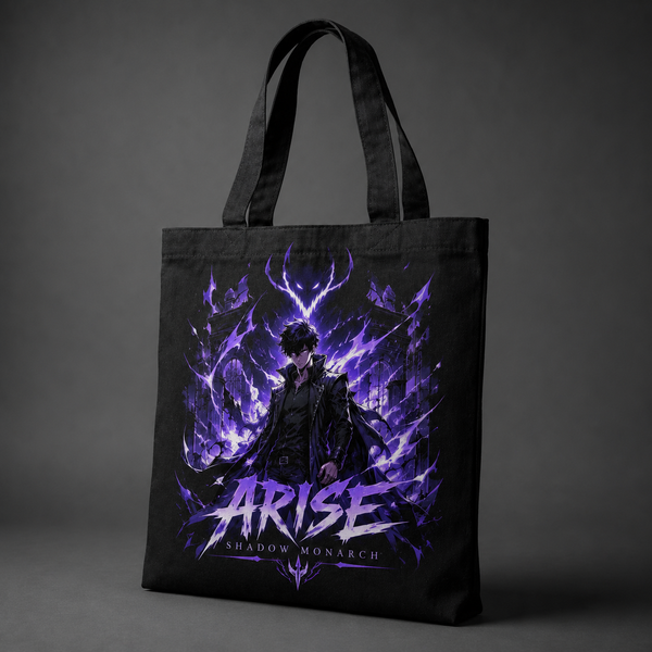 Black tote bag with Sung Jin-Woo Solo Leveling Violet Awakening graphic – photo 2