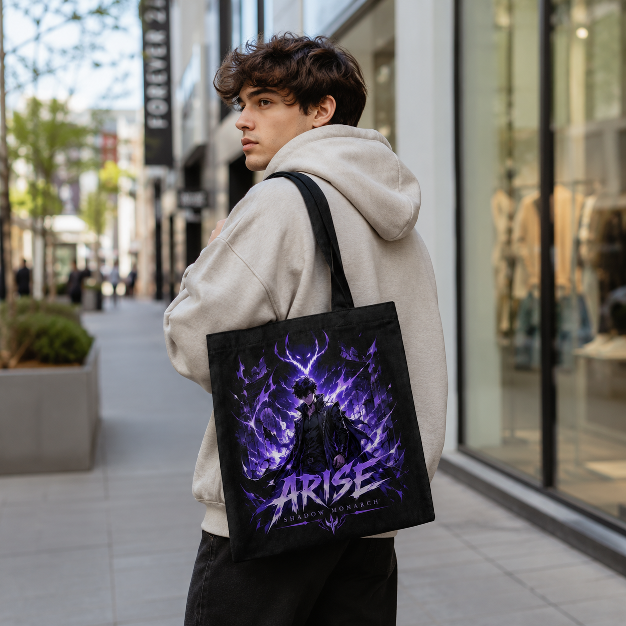 Black tote bag with Sung Jin-Woo Solo Leveling Violet Awakening graphic – photo 3