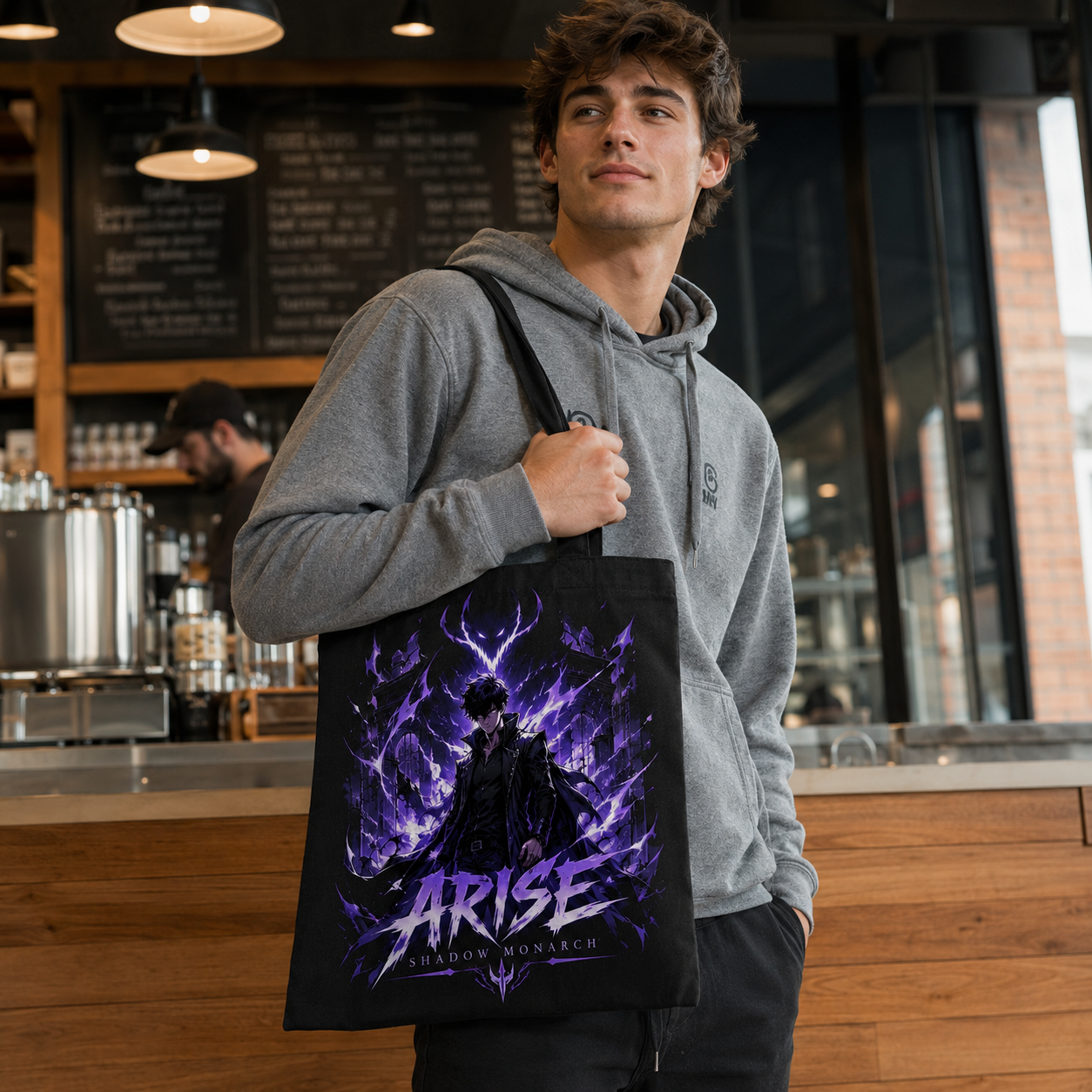 Black tote bag with Sung Jin-Woo Solo Leveling Violet Awakening graphic – photo 4