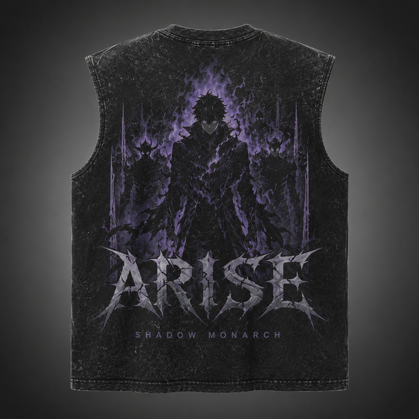 Washed black tank top with Sung Jin-Woo Solo Leveling Violet Sovereign graphic – photo 1