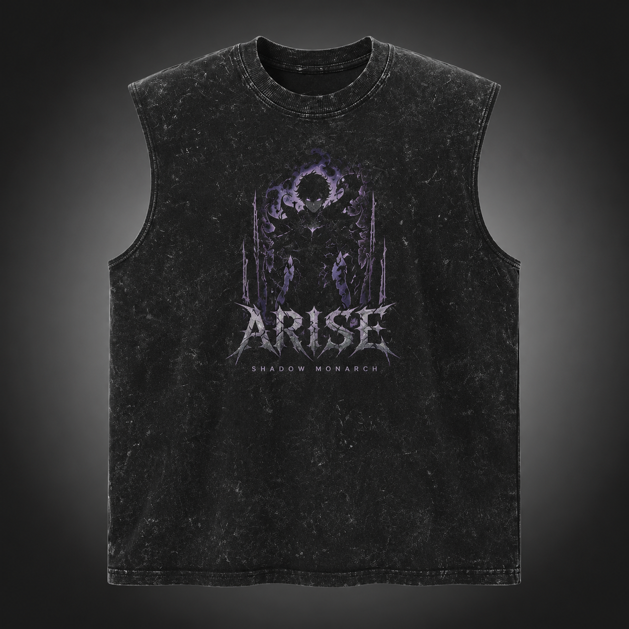 Washed black tank top with Sung Jin-Woo Solo Leveling Violet Sovereign graphic – photo 2