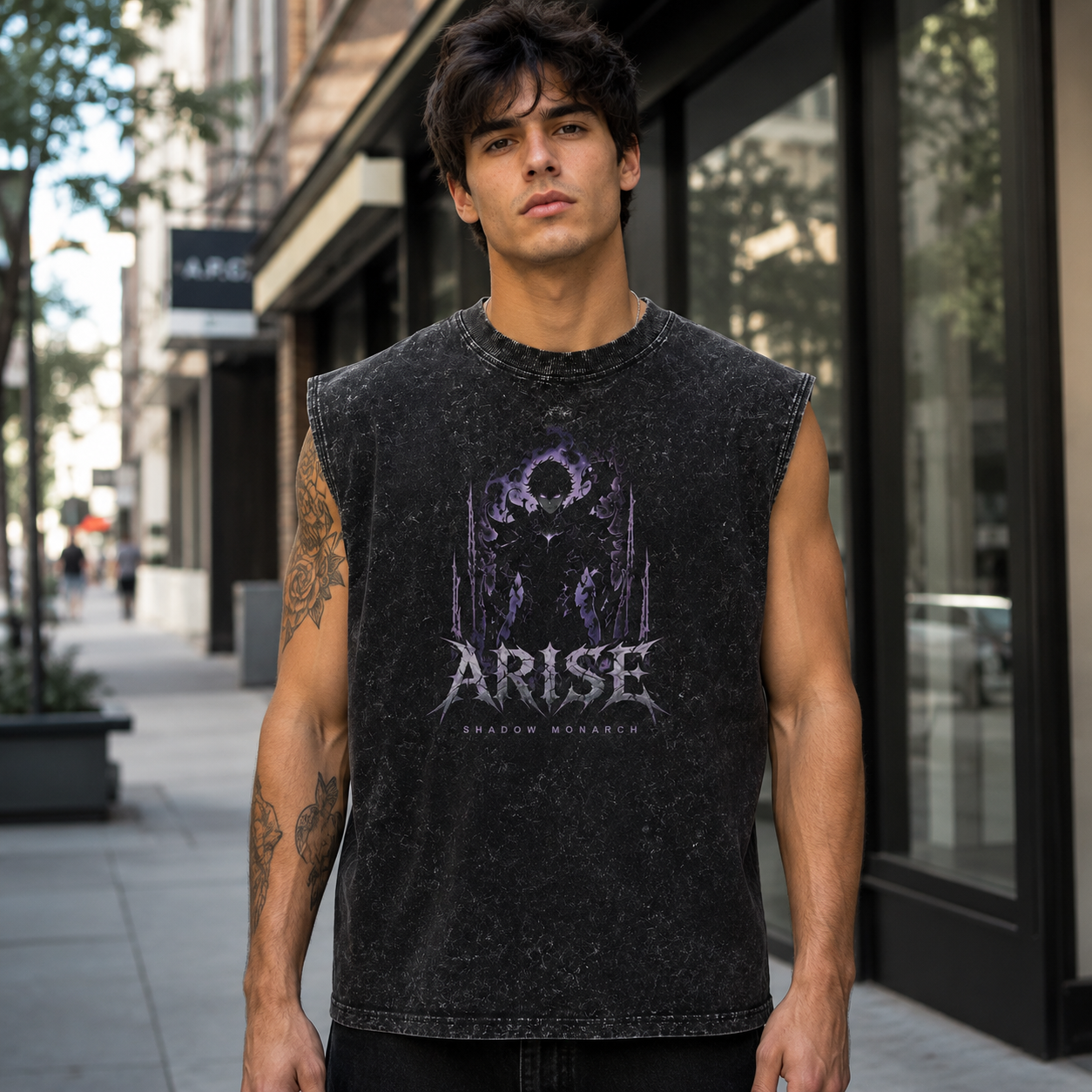 Washed black tank top with Sung Jin-Woo Solo Leveling Violet Sovereign graphic – photo 4