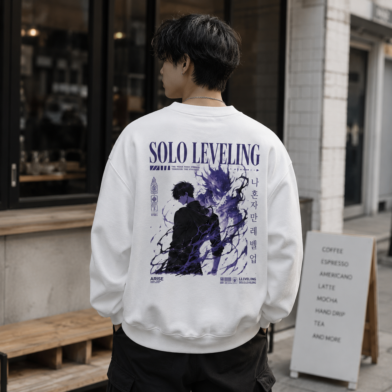 White sweatshirt with Sung Jin-Woo Solo Leveling Weak Need Strength graphic – photo 3