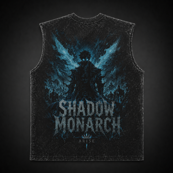 Washed black tank top with Sung Jin-Woo Solo Leveling Winged Monarch graphic – photo 1