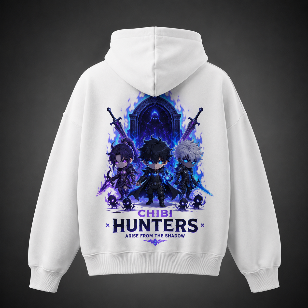 White hoodie with Sung Jinwoo Solo Leveling Chibi Hunters Arise graphic – photo 1