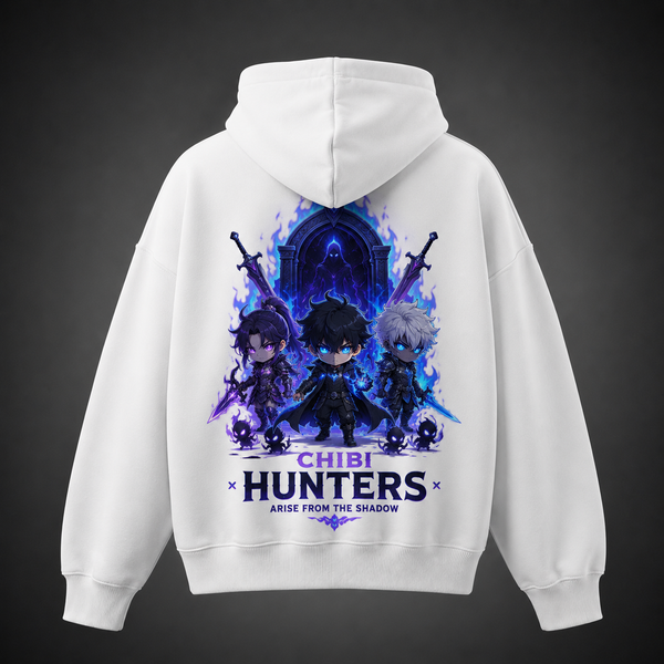 White hoodie with Sung Jinwoo Solo Leveling Chibi Hunters Arise graphic – photo 1