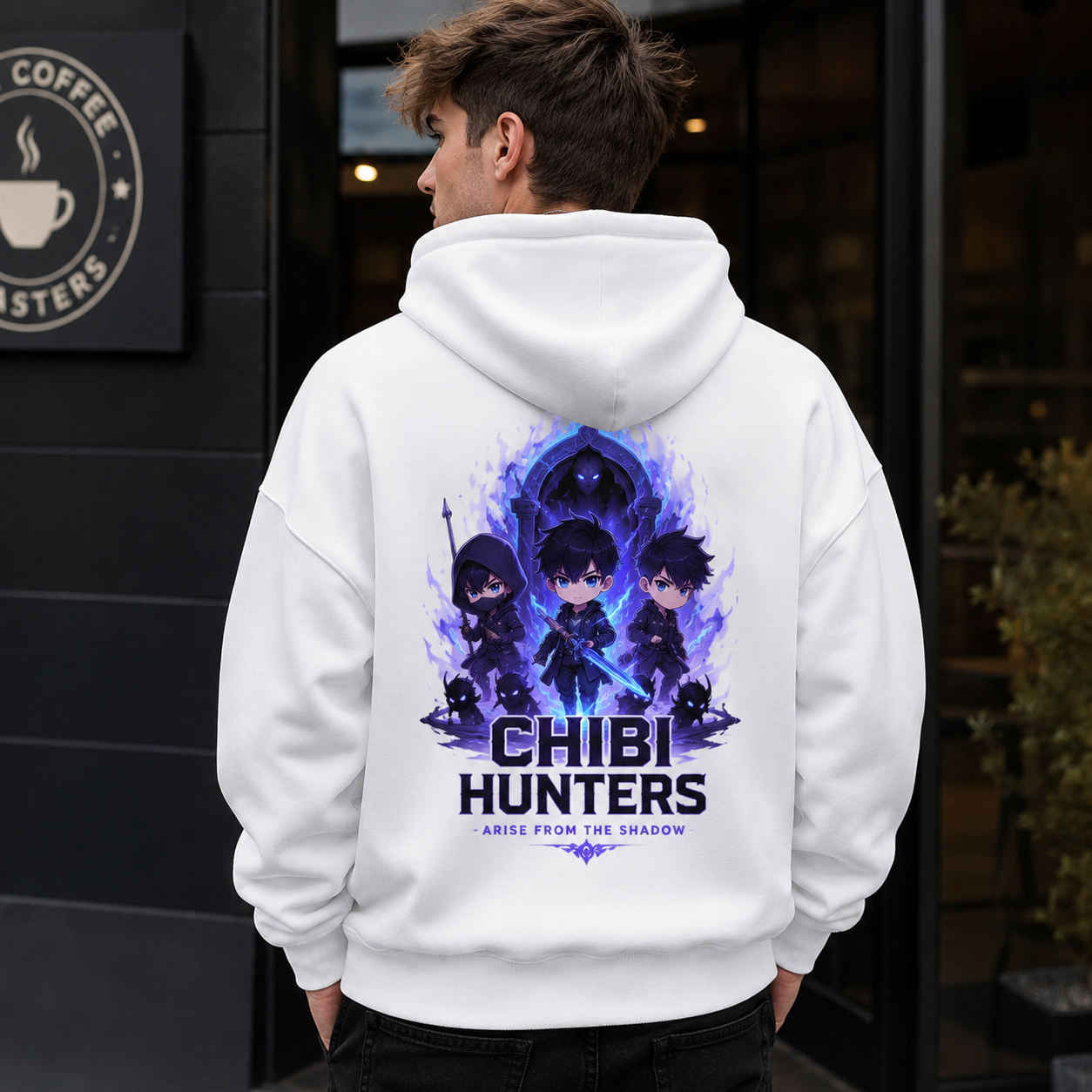 White hoodie with Sung Jinwoo Solo Leveling Chibi Hunters Arise graphic – photo 3