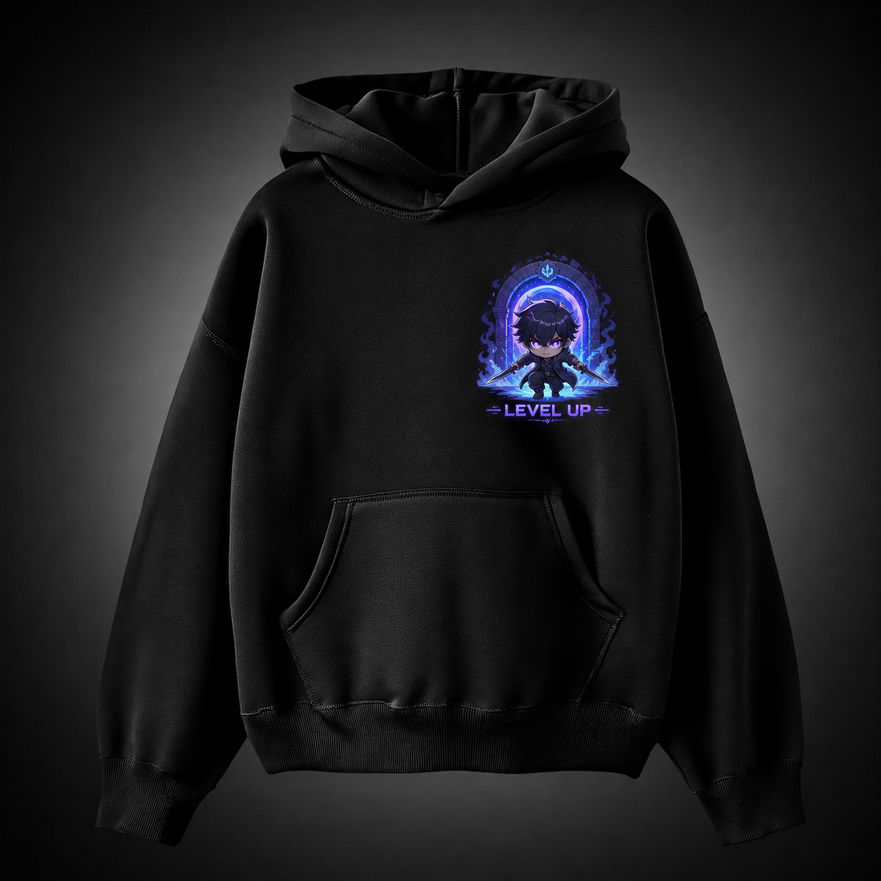Black hoodie with Sung Jinwoo Solo Leveling Chibi Shadow Raid graphic – photo 2