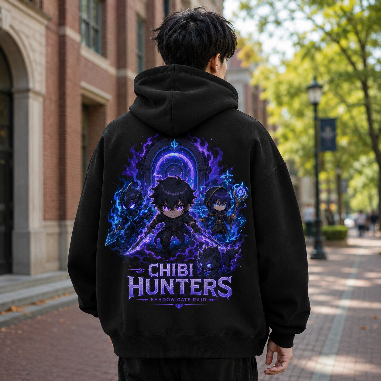 Black hoodie with Sung Jinwoo Solo Leveling Chibi Shadow Raid graphic – photo 3