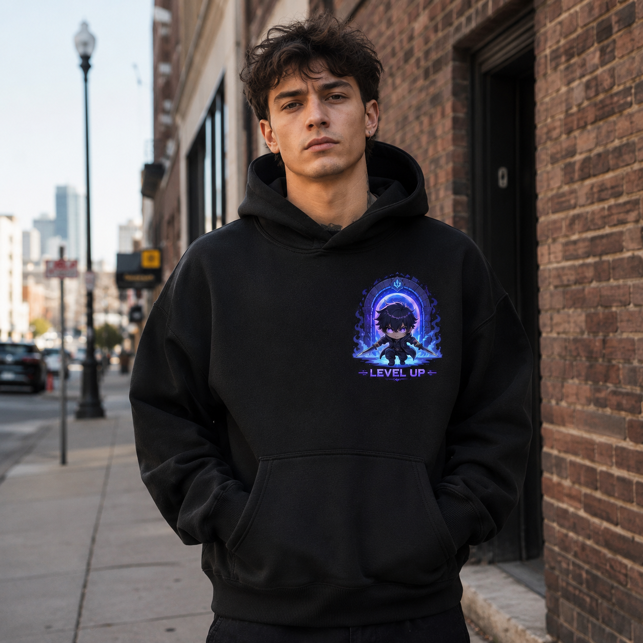 Black hoodie with Sung Jinwoo Solo Leveling Chibi Shadow Raid graphic – photo 4