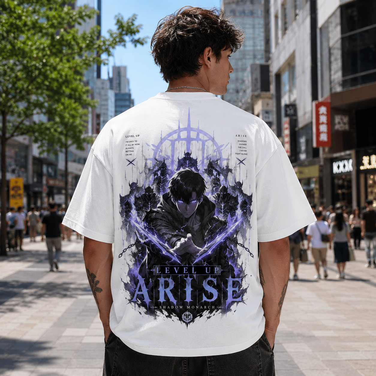 White t-shirt with Sung Jinwoo Solo Leveling Level Up Arise graphic – photo 3
