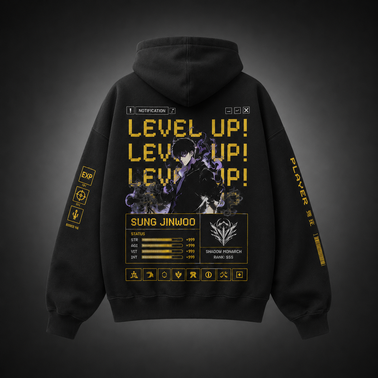 Black hoodie with Sung Jinwoo Solo Leveling Level Up Status graphic – photo 1