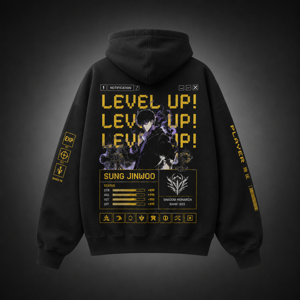 Black hoodie with Sung Jinwoo Solo Leveling Level Up Status graphic – photo 1