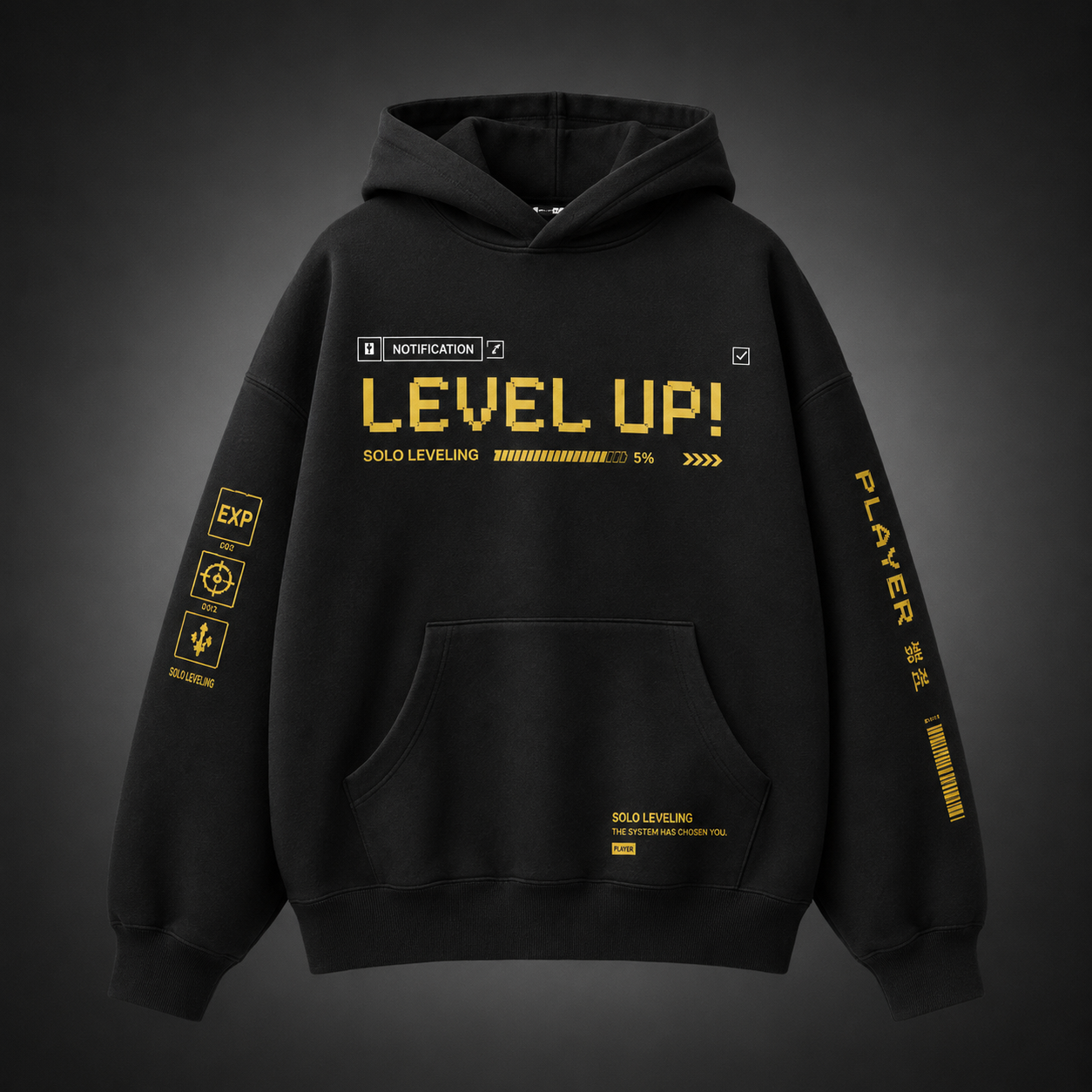 Black hoodie with Sung Jinwoo Solo Leveling Level Up Status graphic – photo 2
