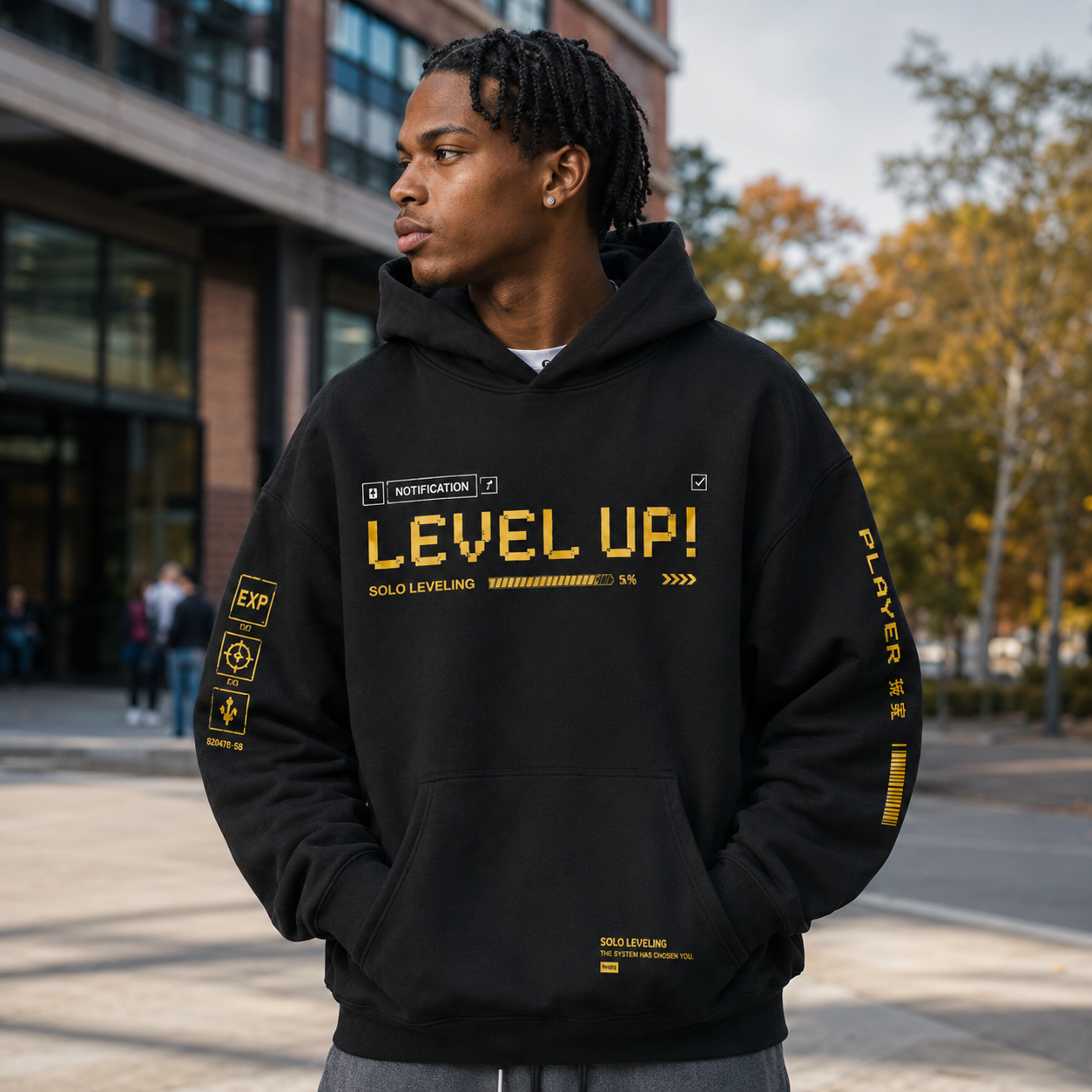 Black hoodie with Sung Jinwoo Solo Leveling Level Up Status graphic – photo 4