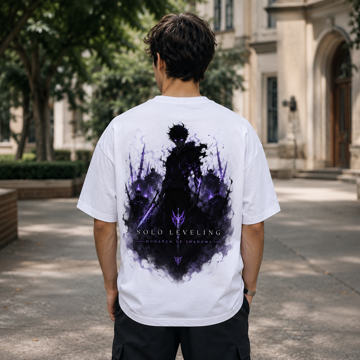 White t-shirt with Sung Jinwoo Solo Leveling Monarch Of Shadows graphic – photo 3