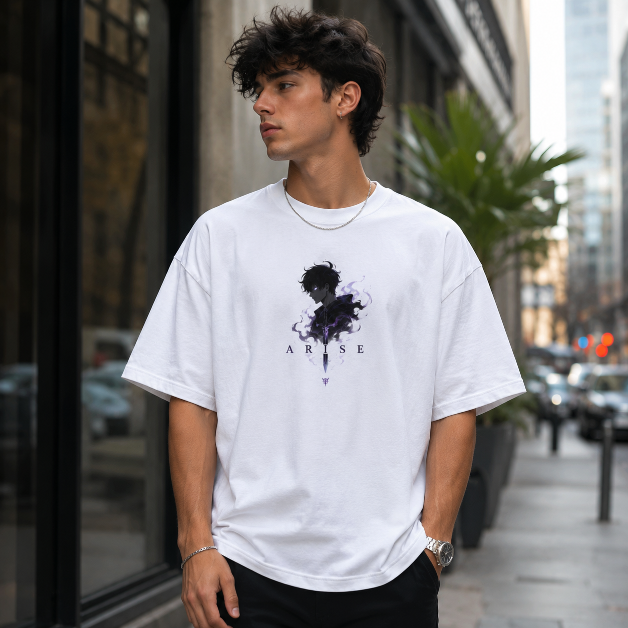White t-shirt with Sung Jinwoo Solo Leveling Monarch Of Shadows graphic – photo 4