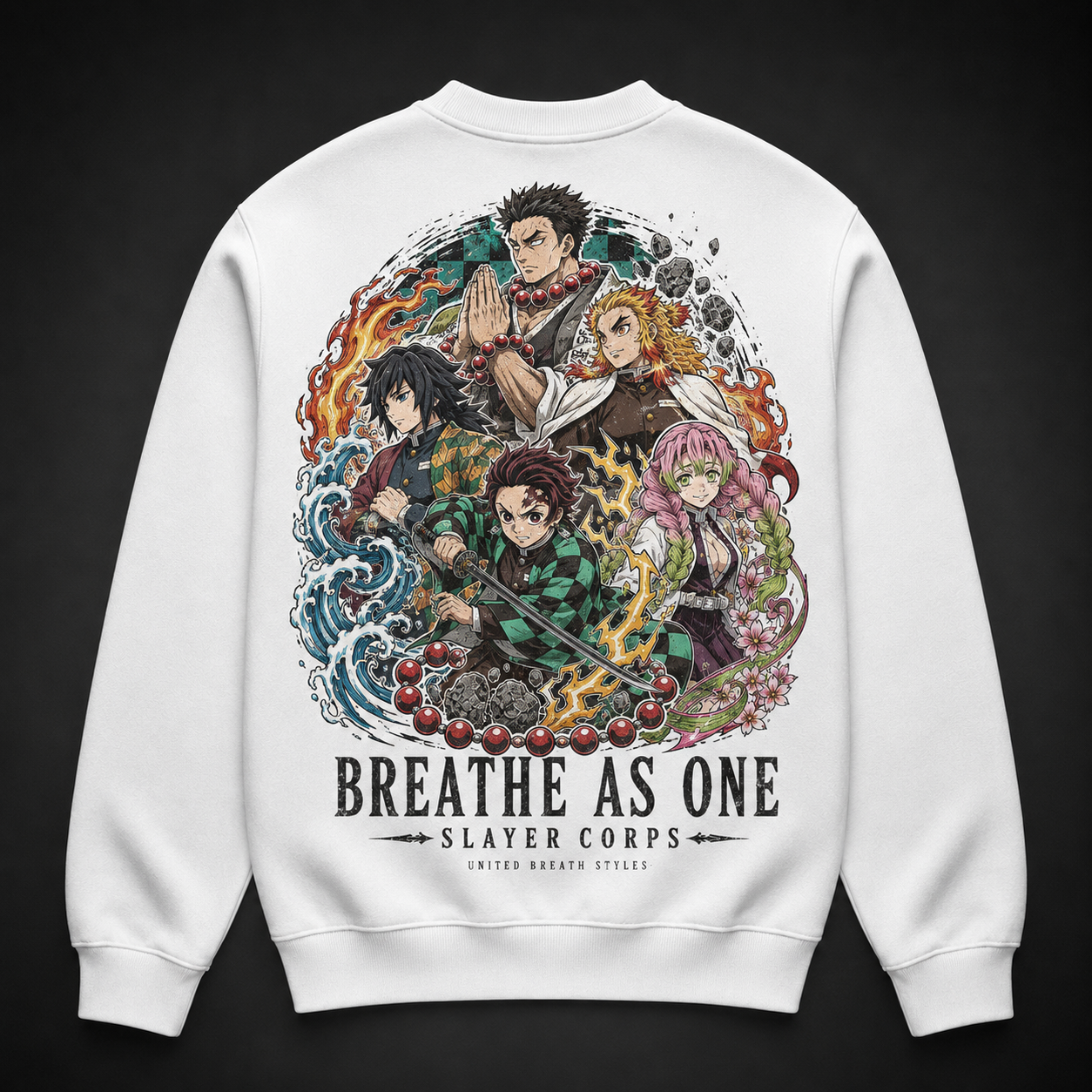 White sweatshirt with Tanjiro Kamado Demon Slayer Breathe As One graphic – photo 1