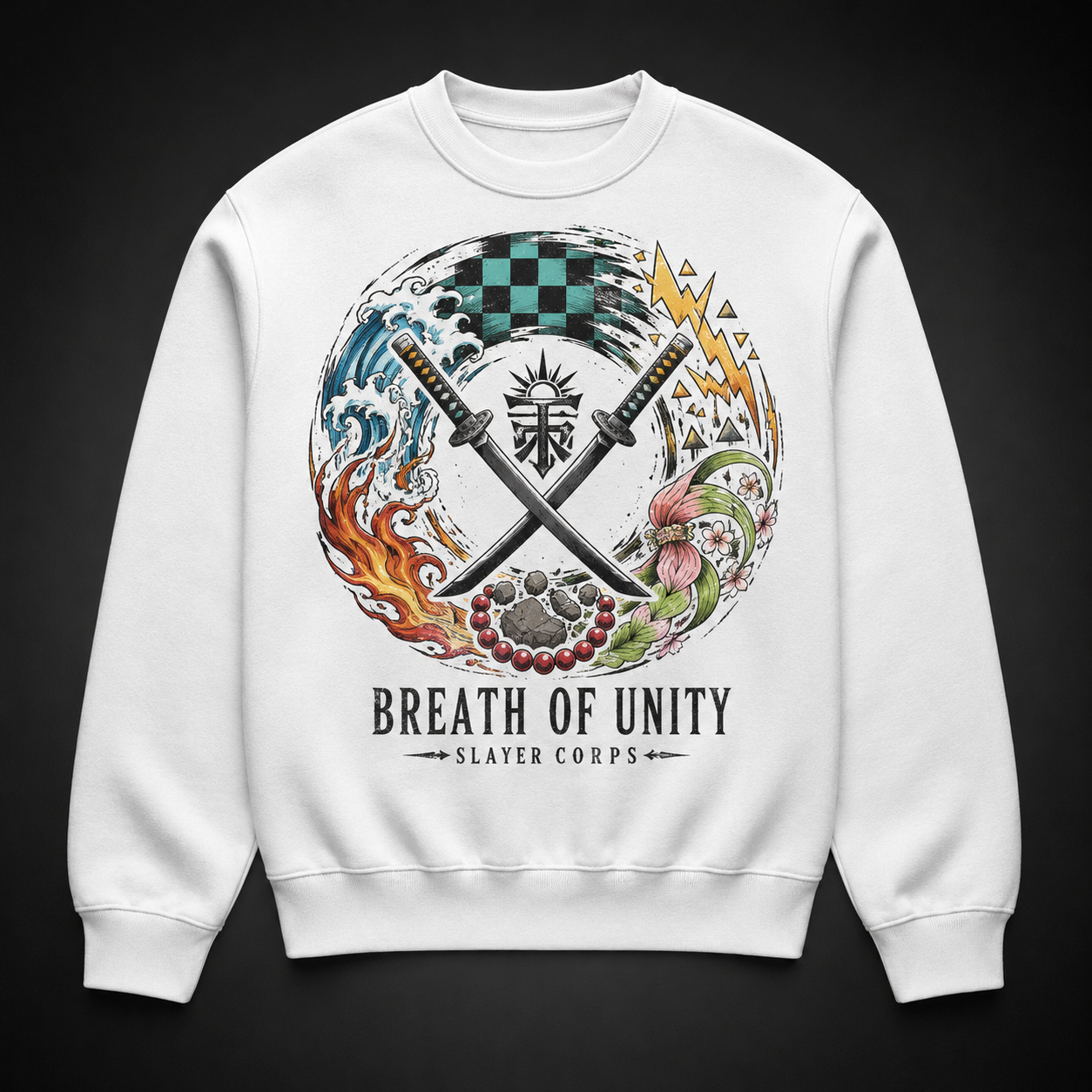 White sweatshirt with Tanjiro Kamado Demon Slayer Breathe As One graphic – photo 2