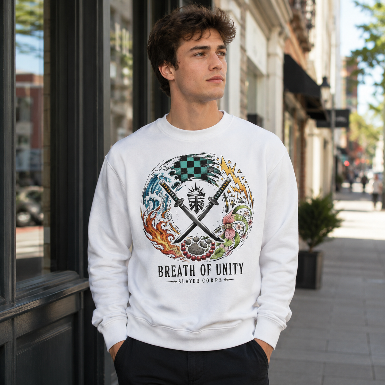 White sweatshirt with Tanjiro Kamado Demon Slayer Breathe As One graphic – photo 4