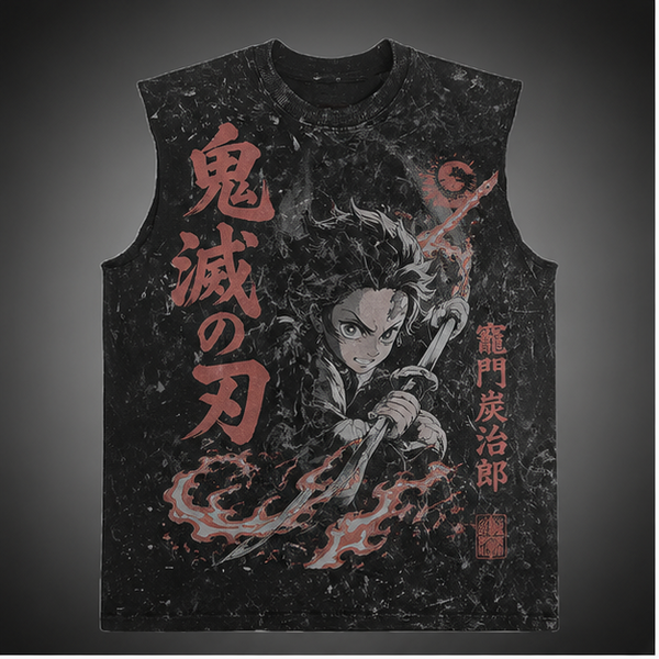 Washed black tank top with Tanjiro Kamado Demon Slayer Crimson Moon Resolve graphic – photo 2
