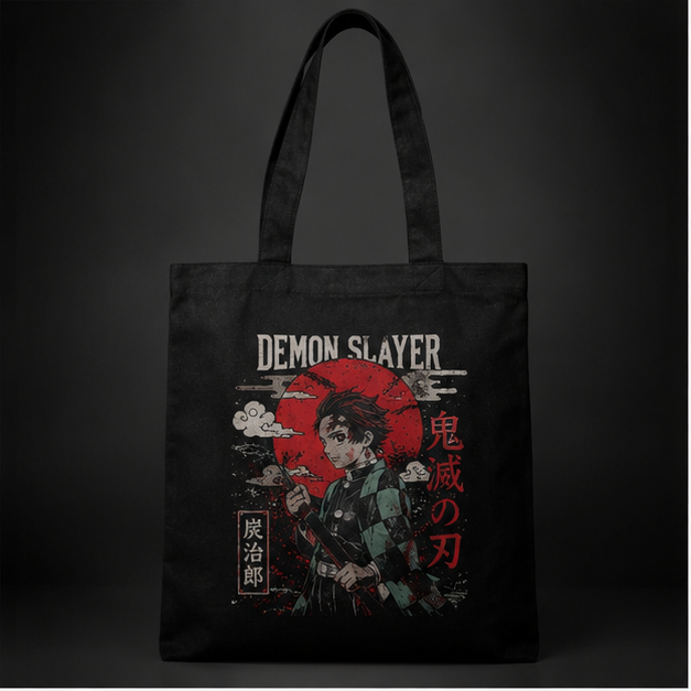 Black tote bag with Tanjiro Kamado Demon Slayer Crimson Sun Tanjiro graphic – photo 1