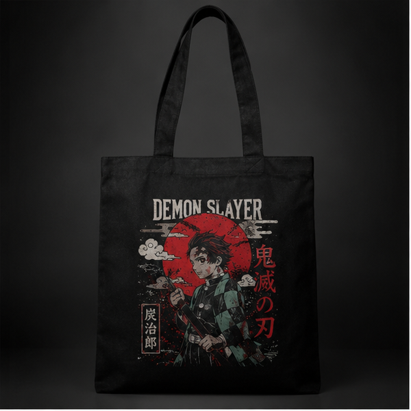 Black tote bag with Tanjiro Kamado Demon Slayer Crimson Sun Tanjiro graphic – photo 1