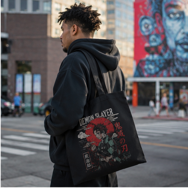 Black tote bag with Tanjiro Kamado Demon Slayer Crimson Sun Tanjiro graphic – photo 2